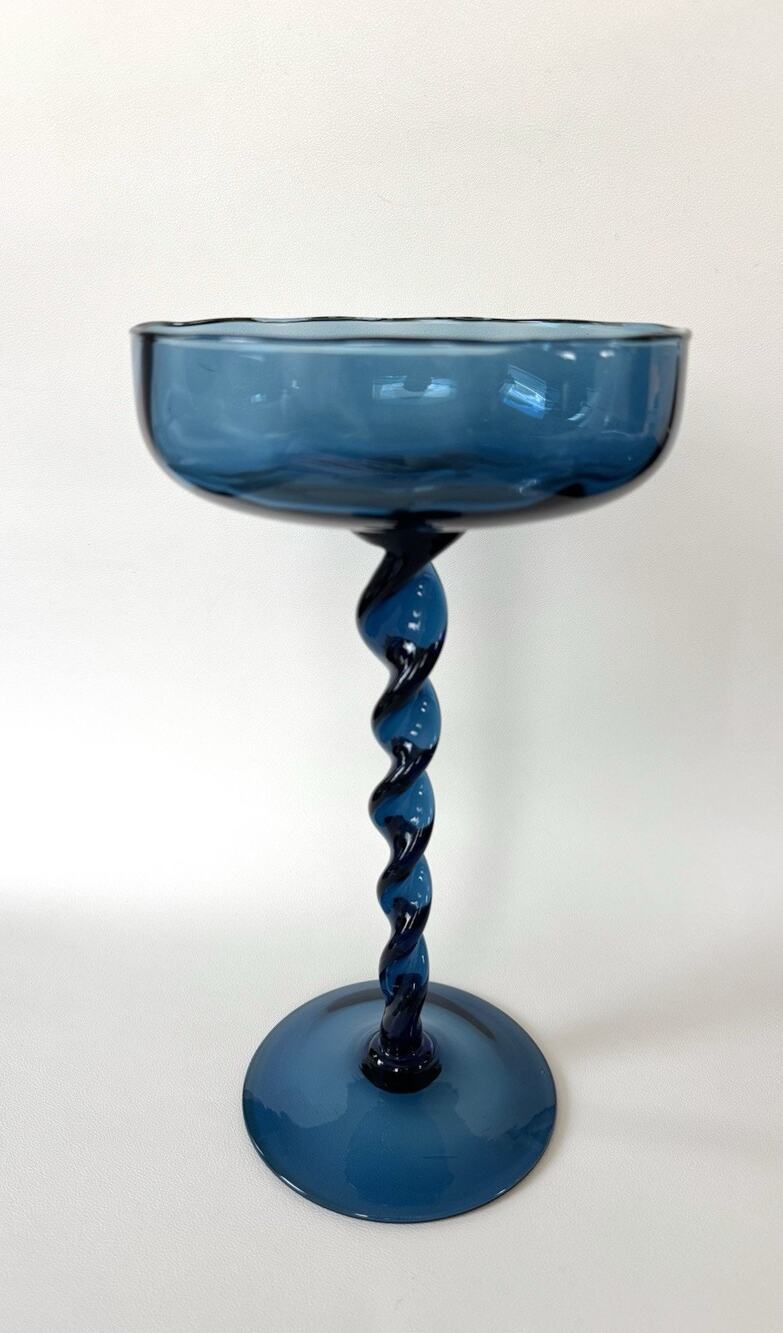 MCM Blue Art Glass Twisted Stem Compote Pedestal Bowl Hand Blown Centerpiece 11”
